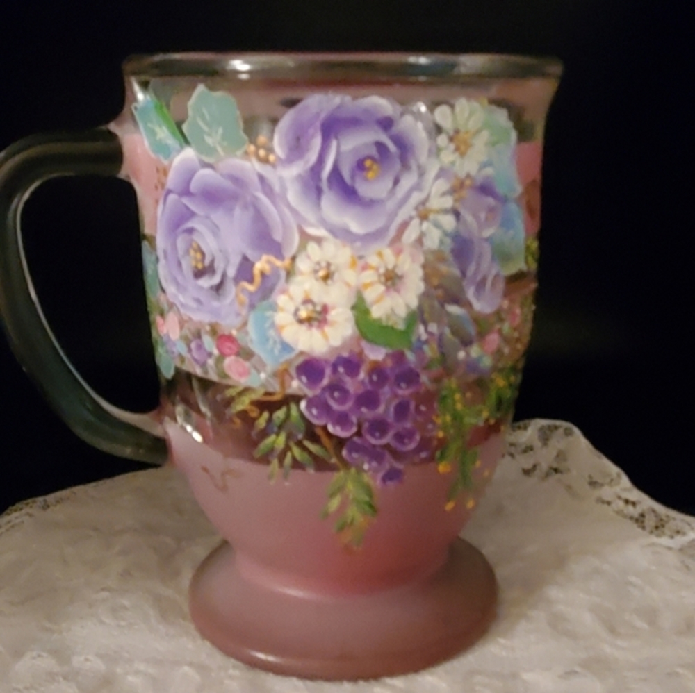 Earthy Hand painted mug, large coffee cup with painted roses and daisies